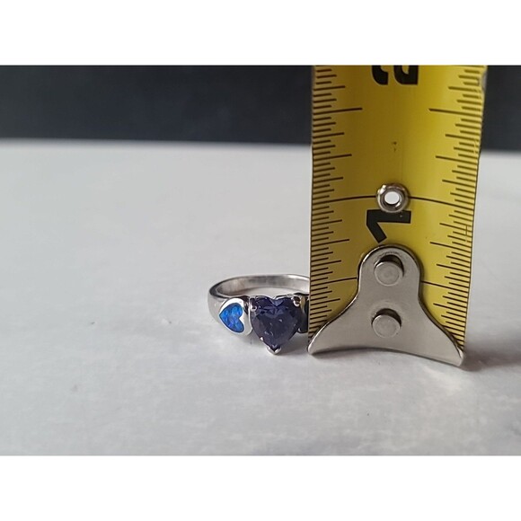 925 Sterling Silver Purple Glass & Faux Opal Heart Ring, Size US 7 Vintage - Picture 9 of 10
